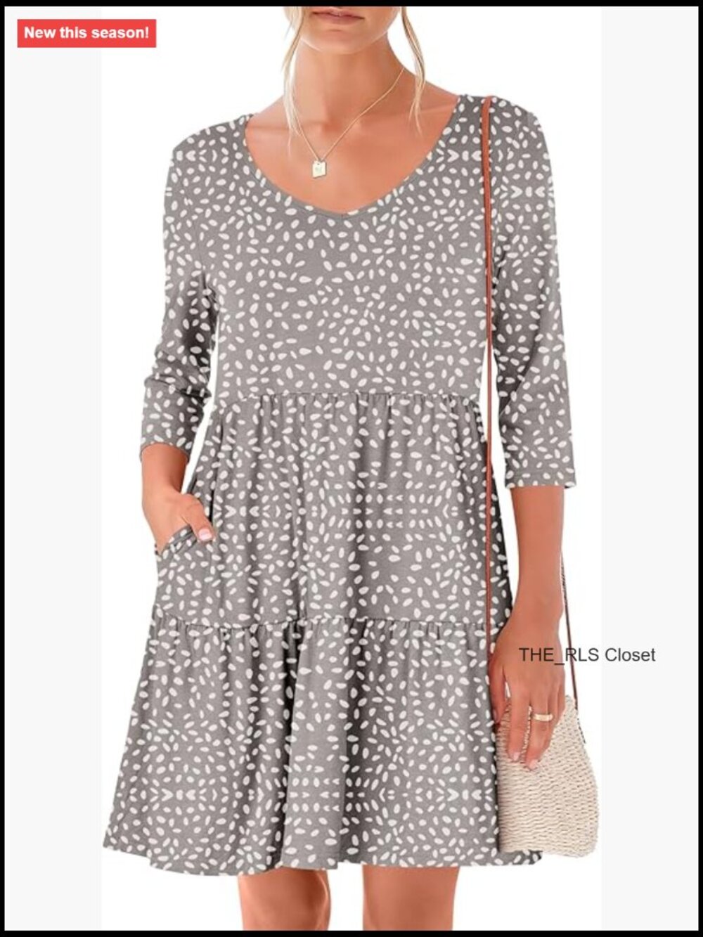 3/4 Sleeve Mini Dress, V-Neck, Tiered Hem, Flowy Polyester Elastane